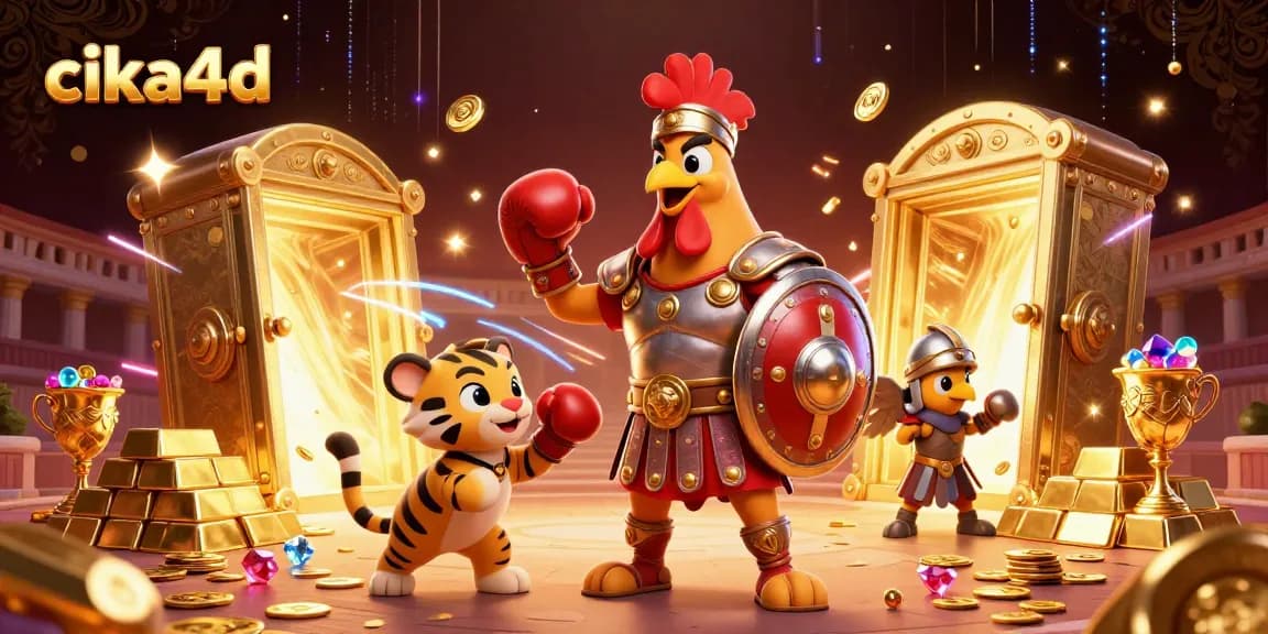 Cika4d showcases a vibrant illustration of a gladiator rooster and tiger cub amidst treasures in a dynamic casino scene.