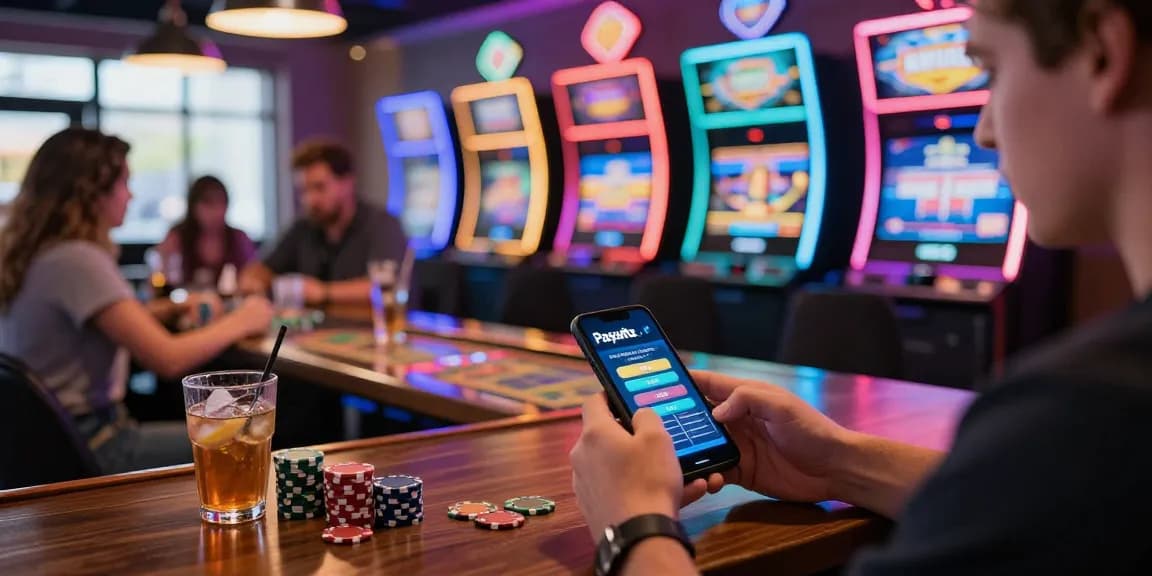 Dynamische Paysafe Card Casino-Umgebung mit einem Spieler, der mit einem Smartphone interagiert und die Aufregung des Online-Gamings veranschaulicht.