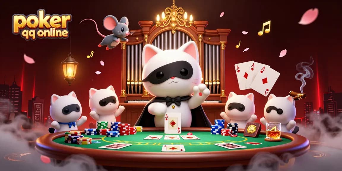 Engage in poker qq online with an energetic scene featuring unique characters and vibrant casino elements.
