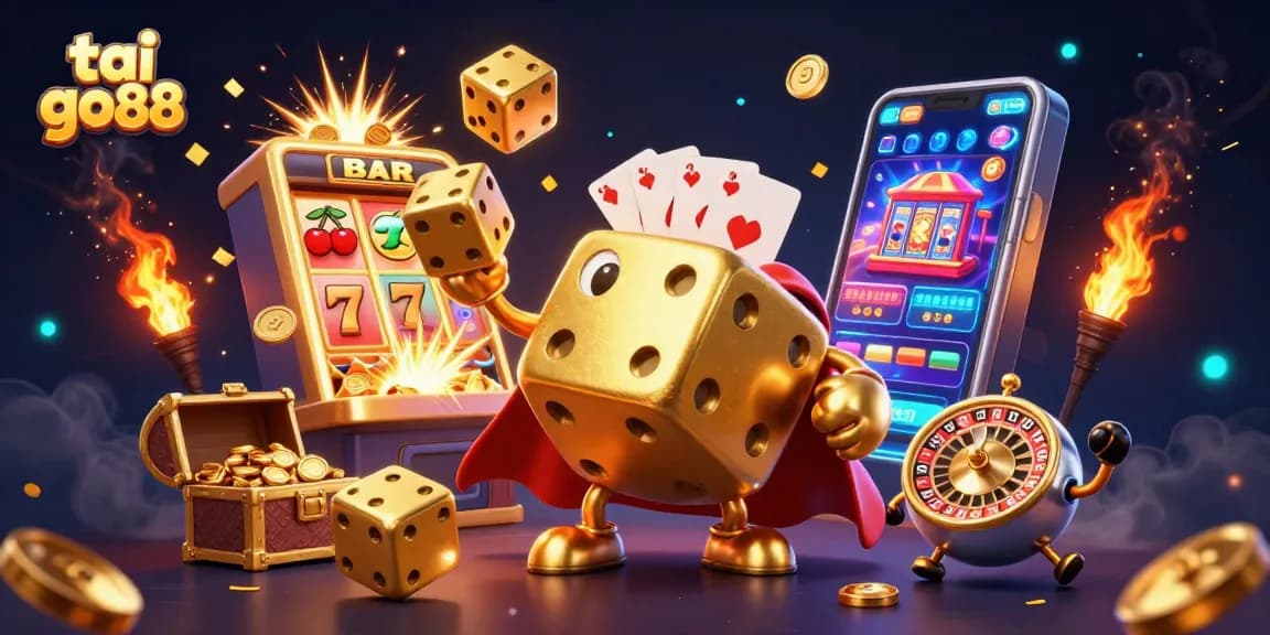 Join the fun with tai go88 as a golden dice golem juggles fortunes amidst a vibrant casino atmosphere.