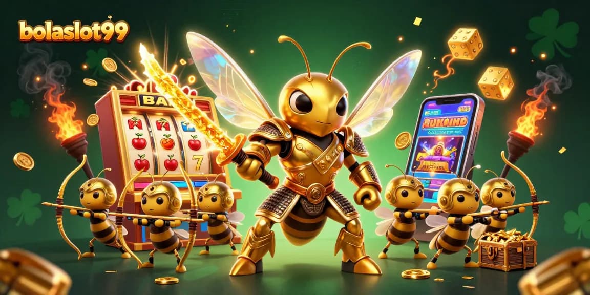Experience exciting slots with bolaslot99 featuring a dynamic scene of 3D characters and vibrant casino elements.