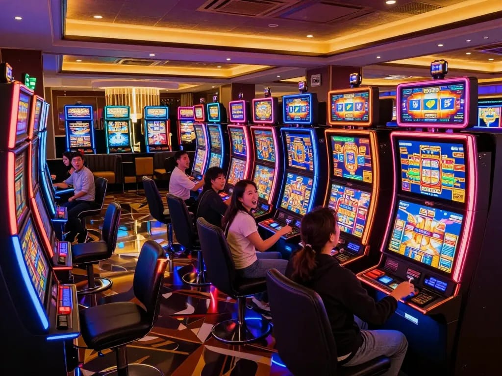 Sunwin players engaged in lively slot machine gameplay, capturing excitement in a vibrant casino atmosphere.