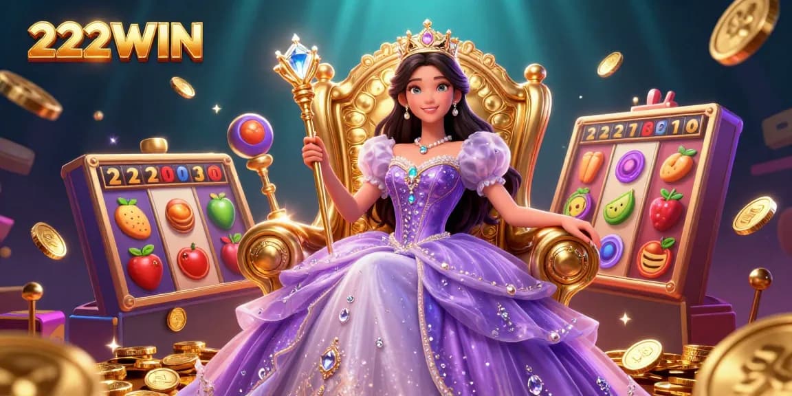 Engage with 222WIN's vibrant gaming experience featuring a royal character, golden coins, and slot machines.