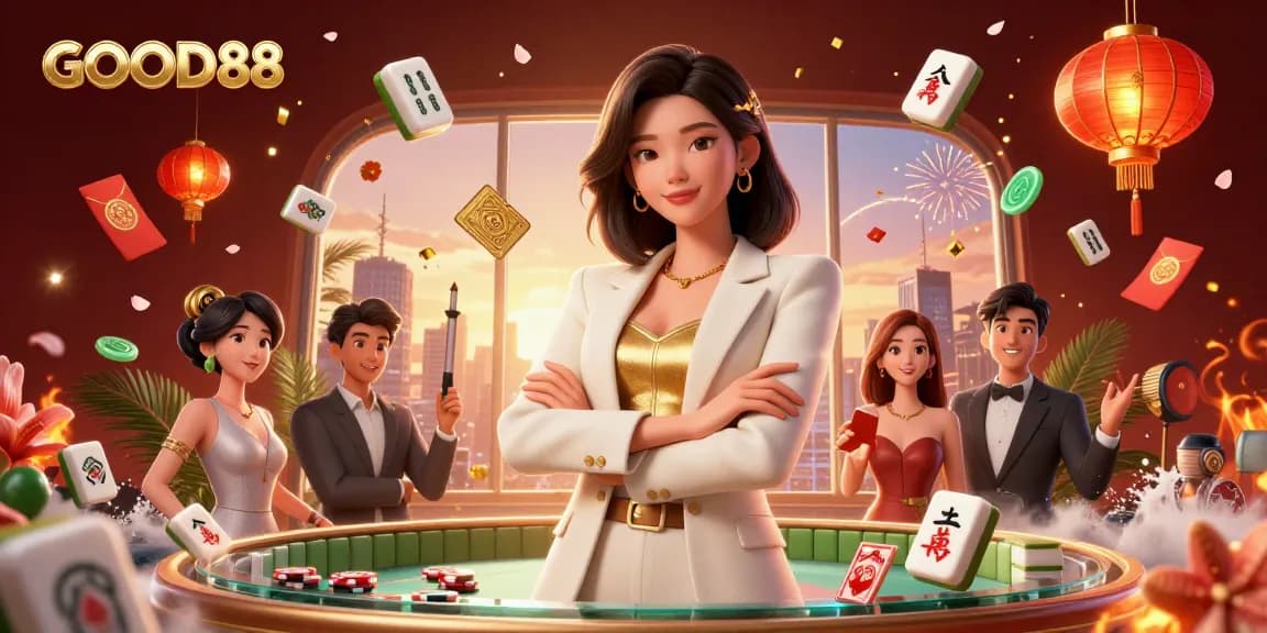 Play exciting games at GOOD88 as a powerful businesswoman holds cards amidst sparkling casino elements.