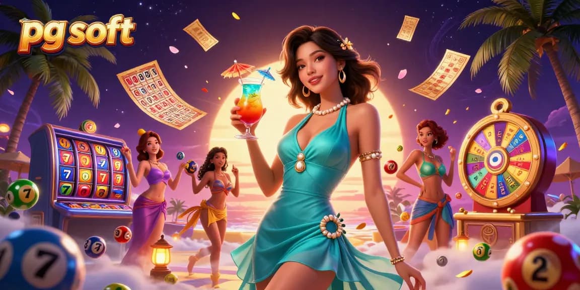 Experience immersive pg soft gaming in a vibrant casino scene with slot reels and lively characters.