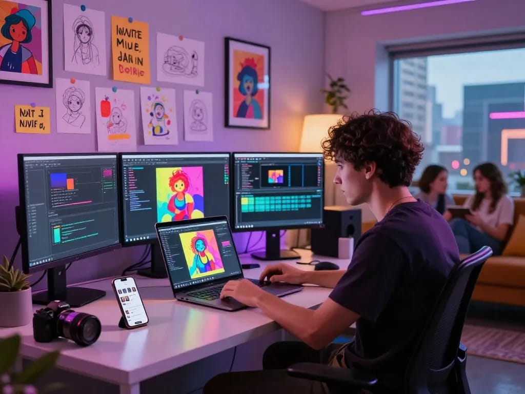 Creative workspace showcasing vibrant NSFW AI content creation with diverse digital elements and energetic atmosphere.