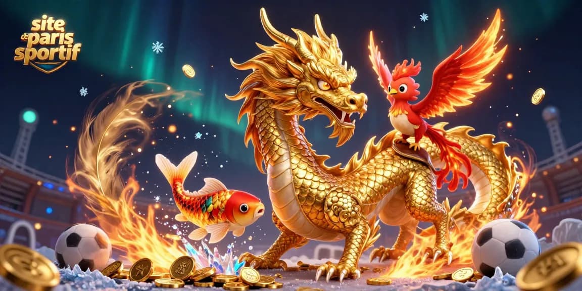 Découvrez le site de paris sportif avec un dragon doré, un phoenix et des éléments de jeu captivants.