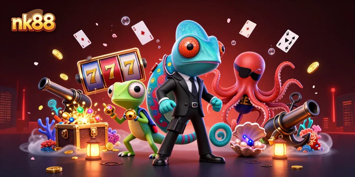 Experience nk88's dynamic gaming scene with animated slot reels and colorful characters.