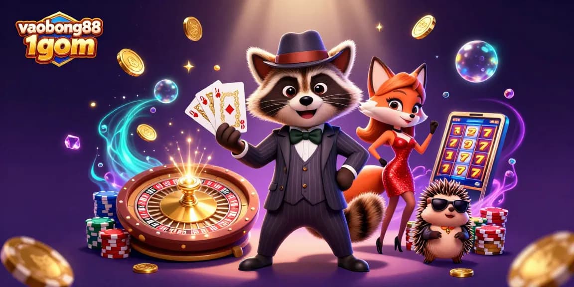 Bet on vaobong88 1gom with raccoon and fox at a vibrant casino scene.