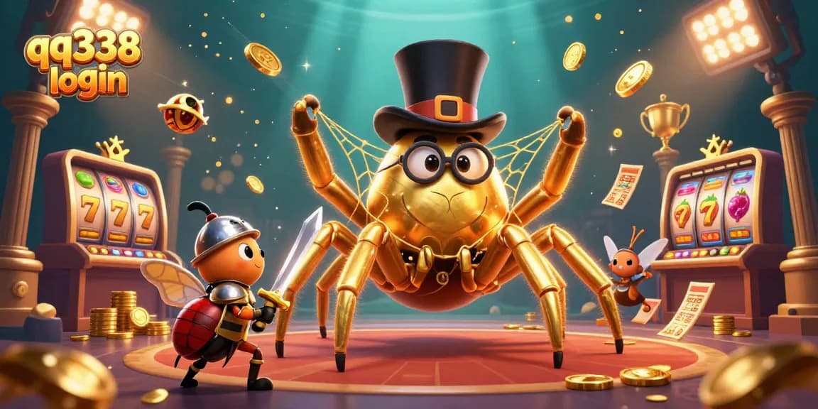 Experience thrilling gameplay with QQ338 login featuring a golden tarantula and beetle knight in a vibrant casino scene.