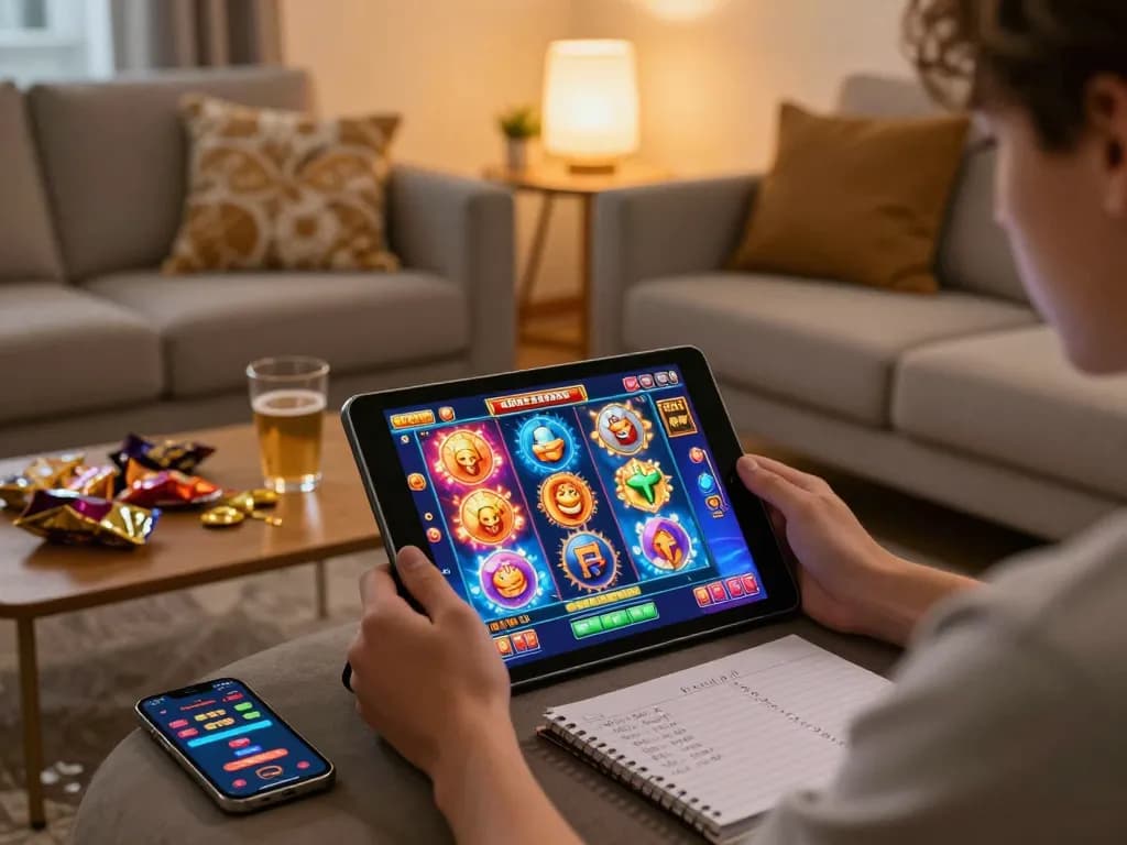 Engaging in slot online gameplay on a tablet in a cozy home setting with snacks and drinks around.