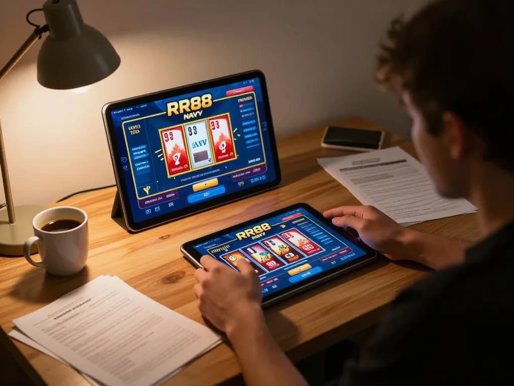 RR88 NAVY player engaging in an immersive online gaming session with vibrant casino visuals.