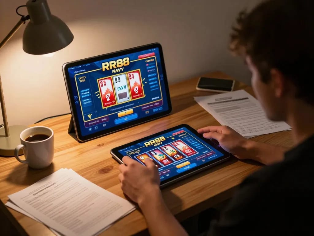 RR88 NAVY player engaging in an immersive online gaming session with vibrant casino visuals.