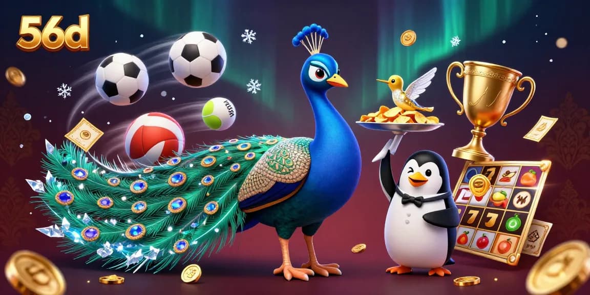 Bet on 56d with games like slot reels and vibrant sports elements in a lively casino illustration.