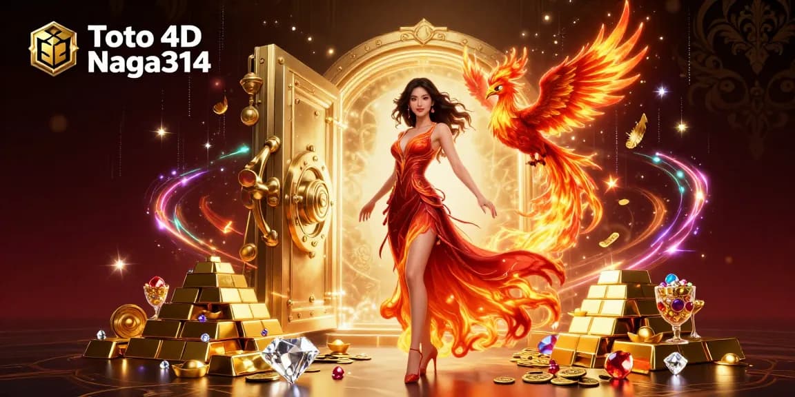 Toto 4D Naga314 presents a stunning Asian woman amidst treasures and gaming elements, symbolizing fortune.