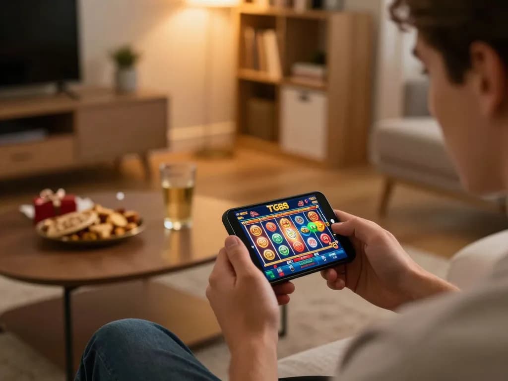 Player enjoying mobile gaming on TG88 app in a cozy living room setting.