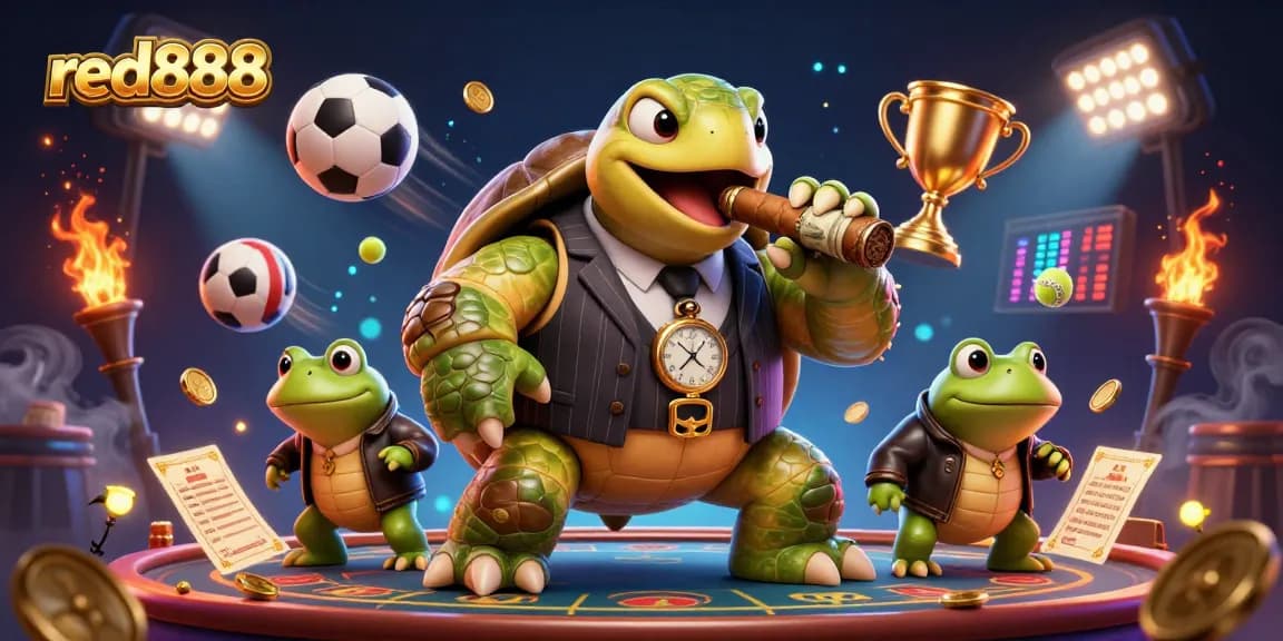 Experience red888 with a captivating scene showcasing a turtle mobster and frog enforcers in an energetic casino environment.