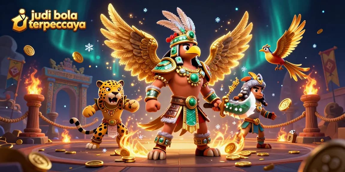 Engage in judi bola terpercaya with a dynamic 3D illustration showcasing vibrant warriors and sports elements.