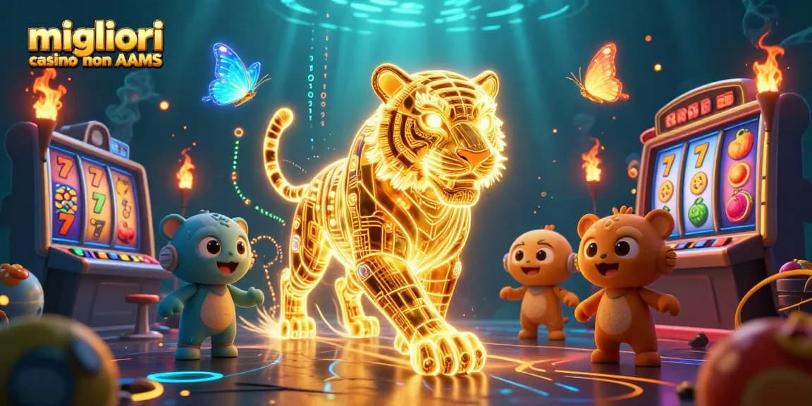 Scopri i migliori casino non AAMS con un'illustrazione tridimensionale di un tigre luminoso in un paesaggio digitale.