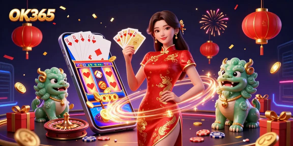 Experience the excitement of OK365 with dazzling games, golden coins, and a vibrant casino atmosphere.
