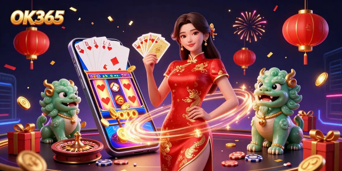 Experience the excitement of OK365 with dazzling games, golden coins, and a vibrant casino atmosphere.