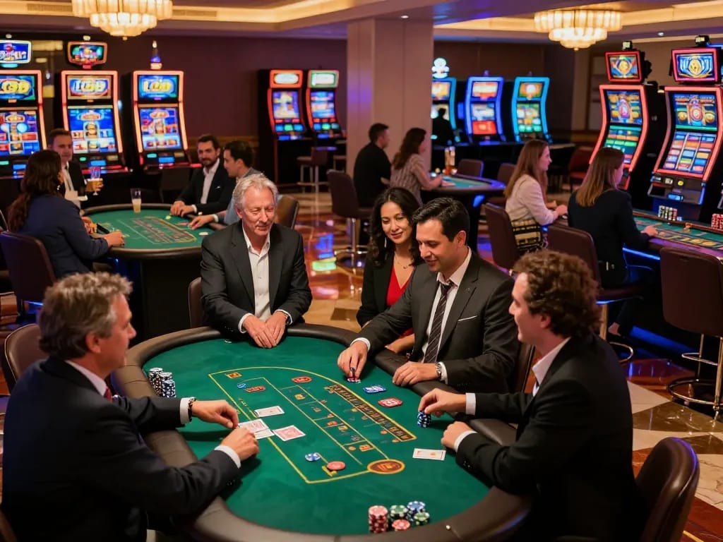 Players enjoying dynamic blackjack action at LC99 casino, vibrant atmosphere with chips and cards in motion.