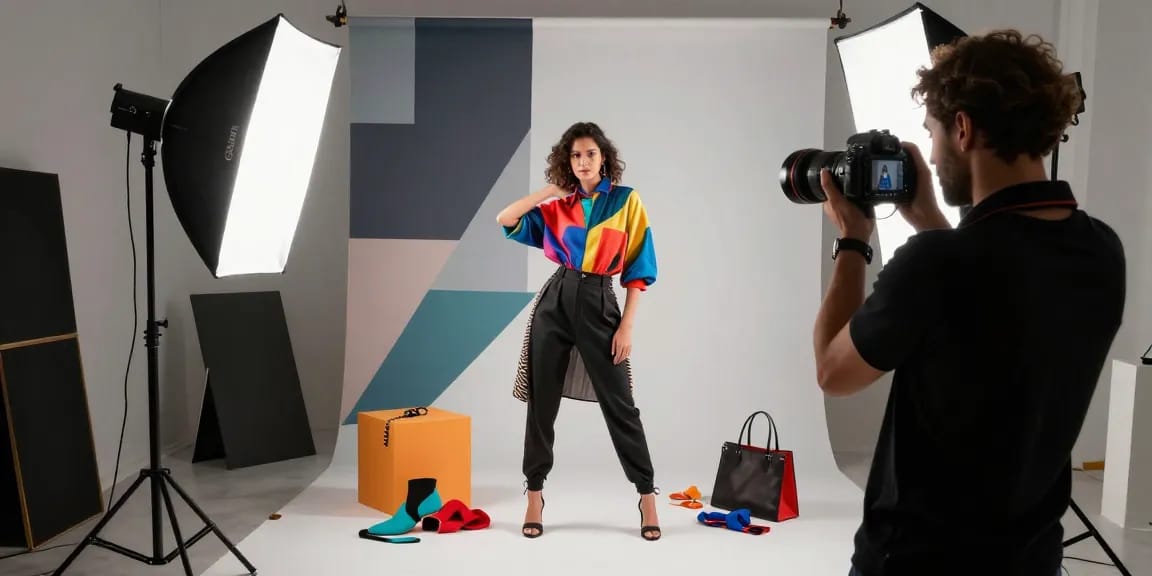 Fotografo professionista Milano che dirige una sessione fotografica di moda in studio con un modello, accessori di moda e illuminazione creativa.