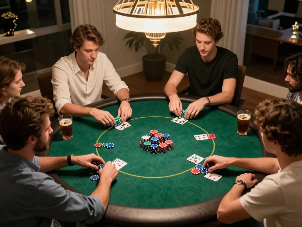 iWin poker players enjoying a strategic game night with vibrant chips and cozy ambiance.