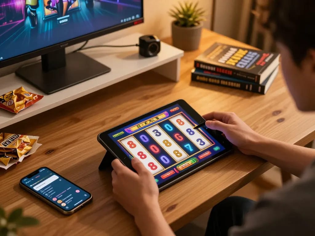 Person enjoying 8xx slot games on tablet at home, showcasing a cozy gaming setup with snacks and strategy notes.