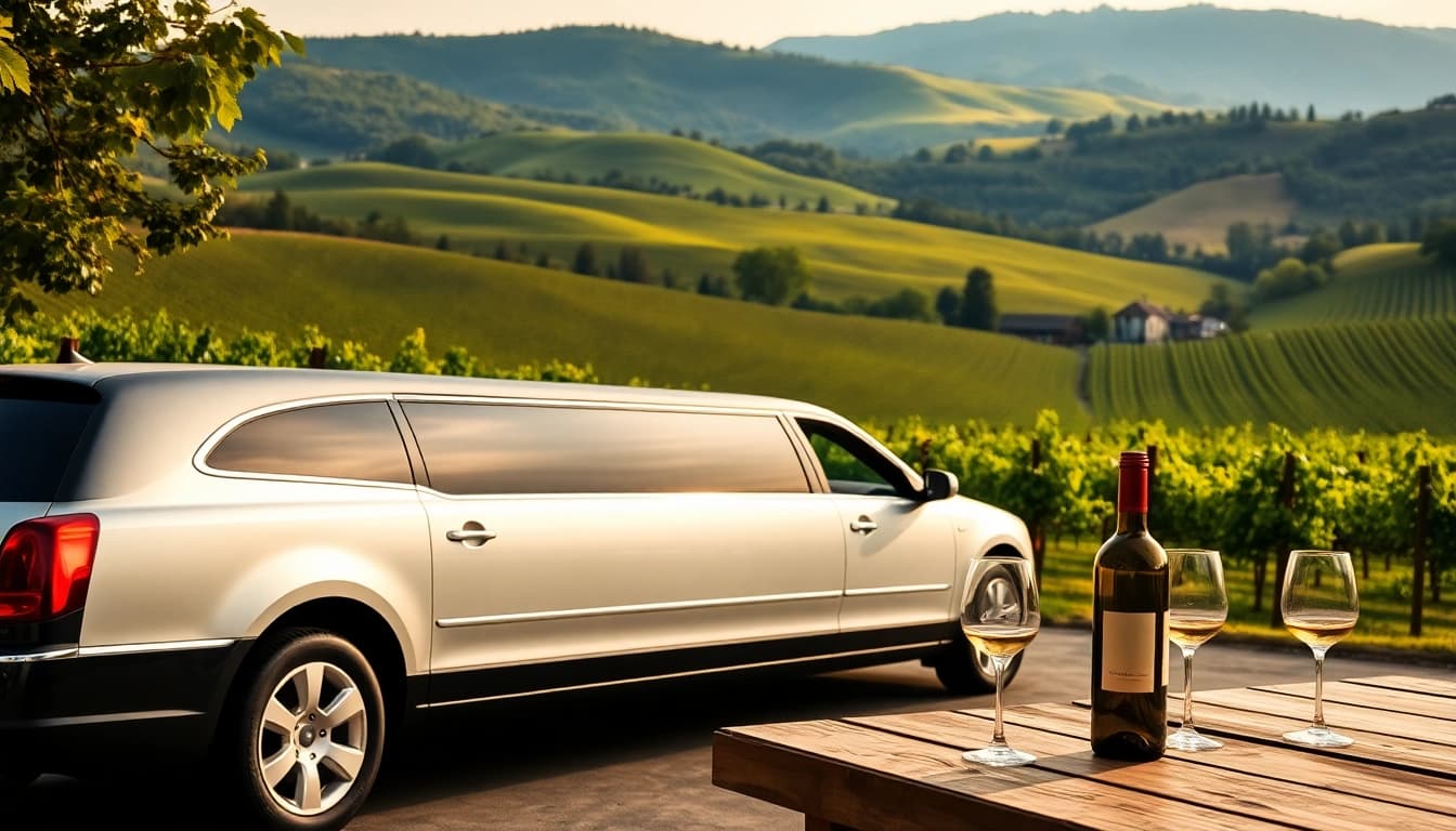 Enjoy the winery limo service with a couple relaxing at a scenic winery in a luxurious limo.