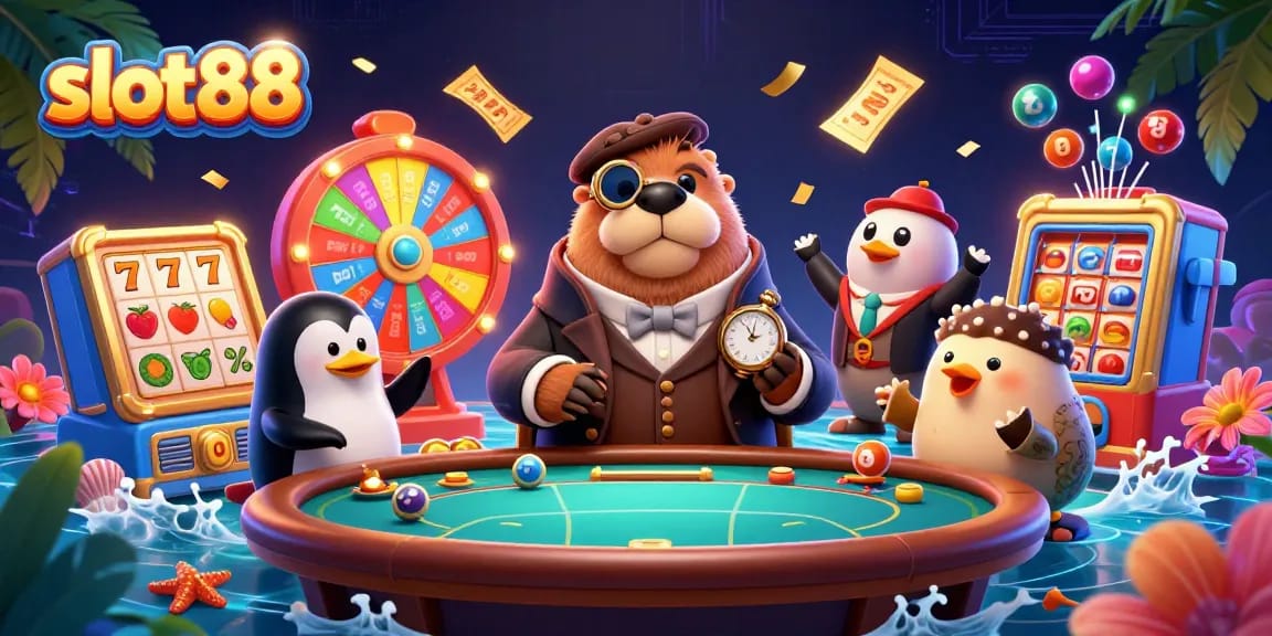 Engage with slot88 at an underwater casino featuring a walrus, penguin dealer, and pufferfish playing poker.