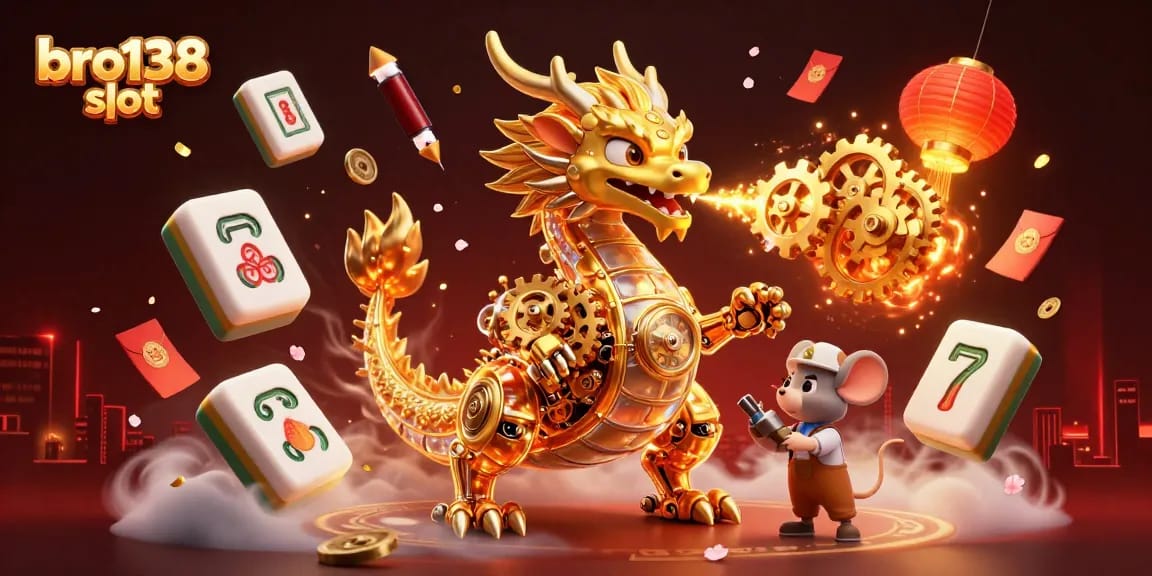 Engage with the bro138 slot, featuring a golden dragon breathing gears amidst vibrant casino symbols.