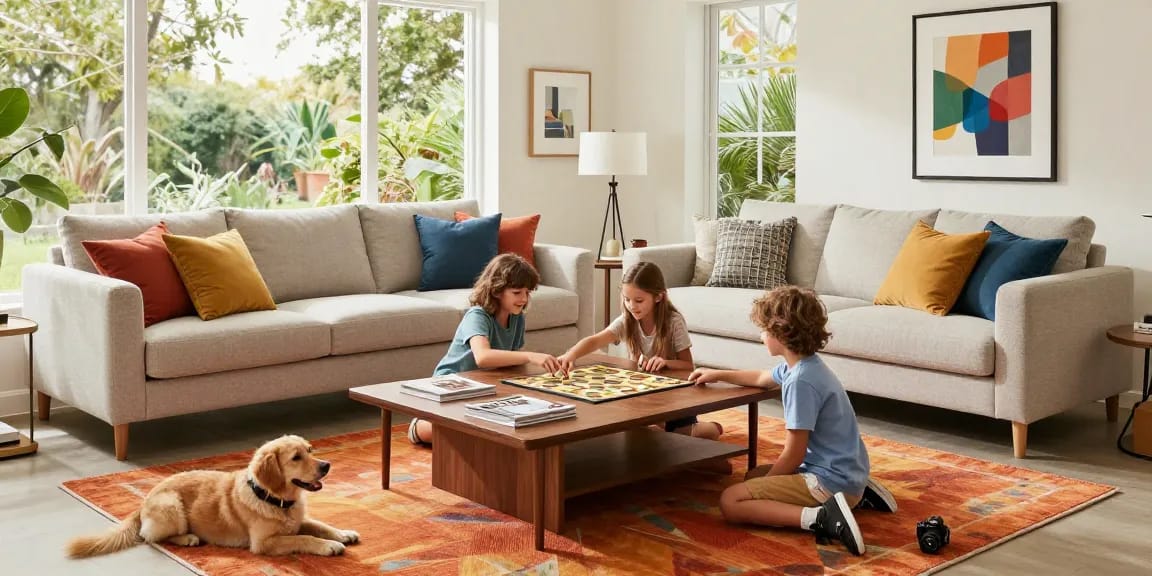 Cozy living room with stylish furniture and family enjoying board games, emphasizing depo 5k decor elements.