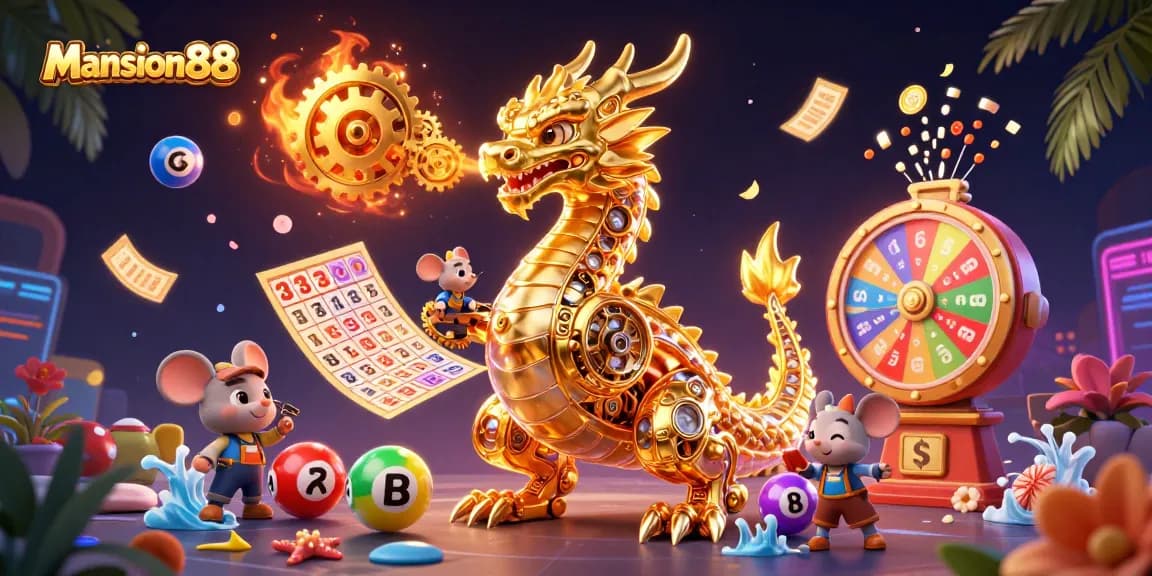 Mansion88's vibrant online casino scene filled with lottery balls, prizes, and a golden dragon.