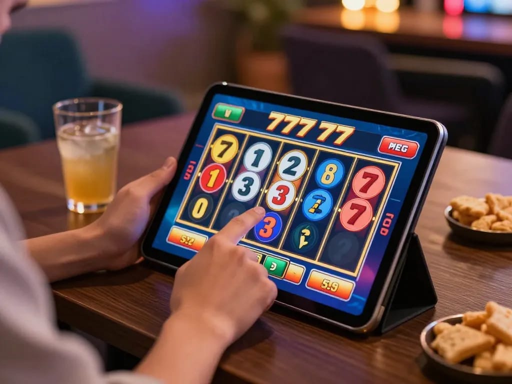 Playing slot77 on a tablet in a cozy home setting with modern decor.