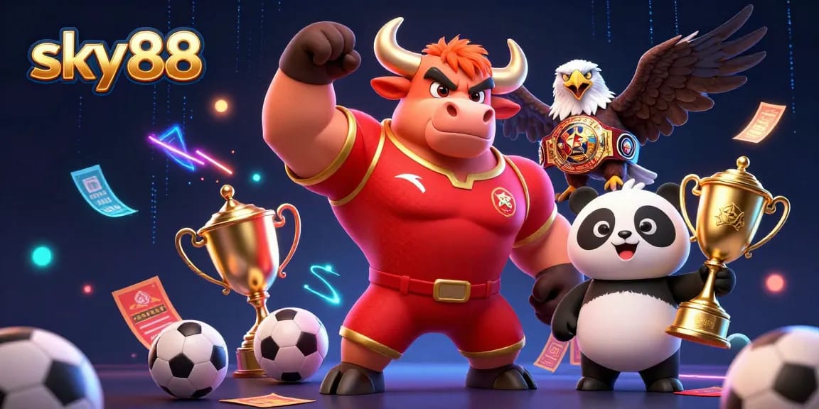 Engage with sky88 sports betting excitement featuring a victorious bull mascot and winning elements.