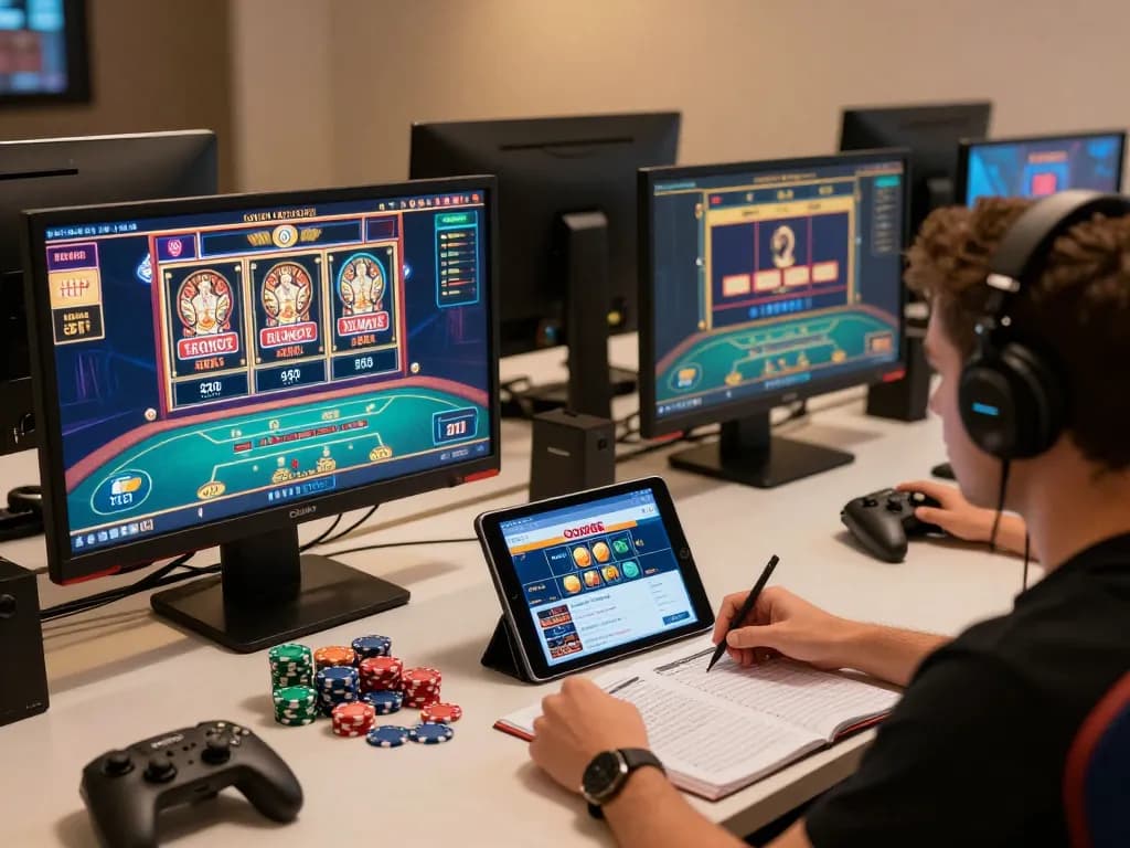 Engaged individual playing on GOOD88 online casino platform at a modern gaming setup with multiple screens.