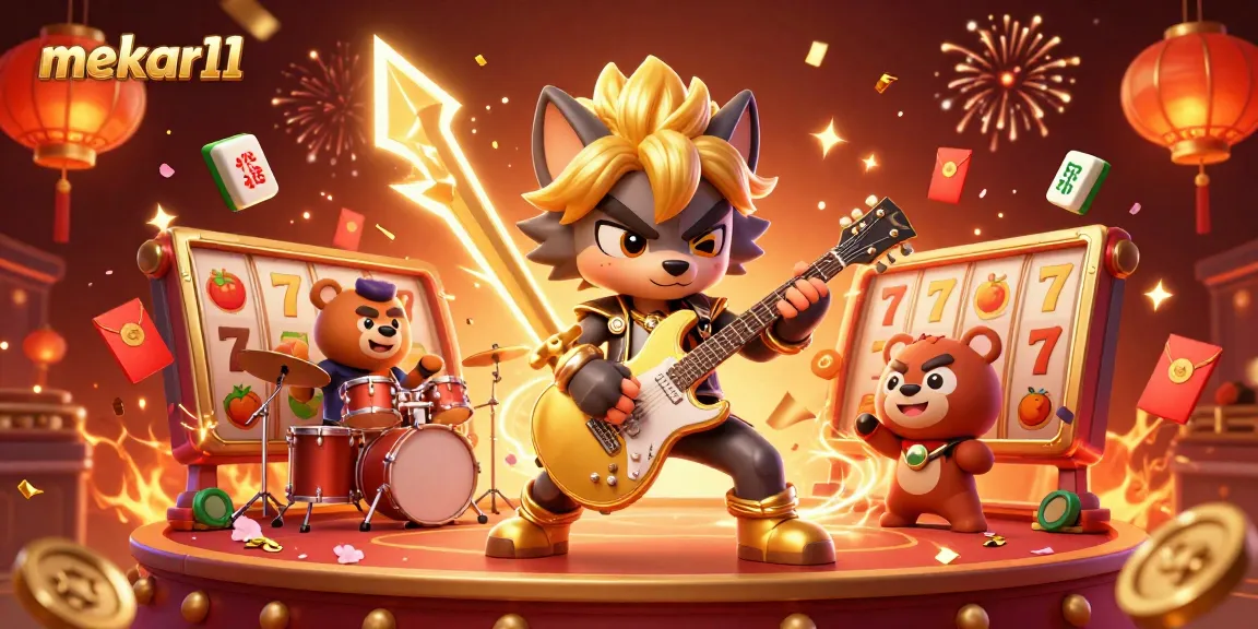 Mekar11 showcases a vibrant casino illustration with a rock star wolf performing amidst slot reels and celebratory elements.