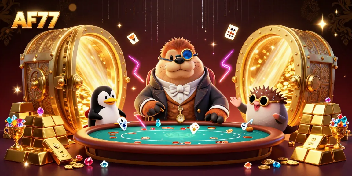 AF77 promotes winning thrills at its underwater poker table with vibrant characters and treasures.