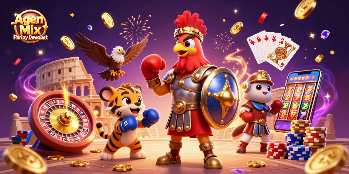Agen Mix Parlay Dewabet showcases a vibrant 3D scene of a gladiator rooster with a tiger cub, celebrating with dynamic casino elements.