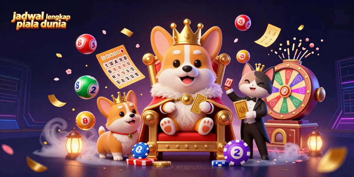 Engage with the jadwal lengkap piala dunia in a vibrant 3D cartoon scene featuring a royal corgi and dynamic lottery elements.