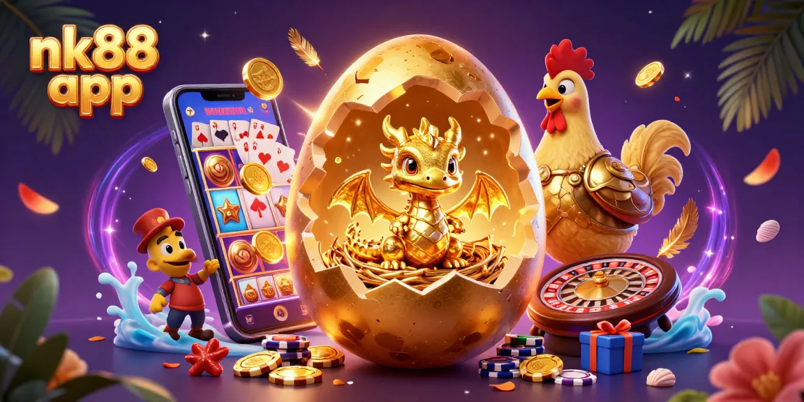 Engage with the exciting nk88 app as a golden dragon emerges from a poker chip nest.