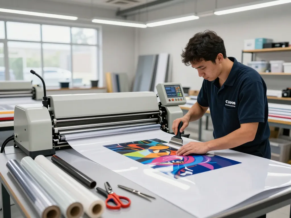 Bóc giấy ép plastic tại hà nội with technician laminating vibrant graphics in modern workshop.