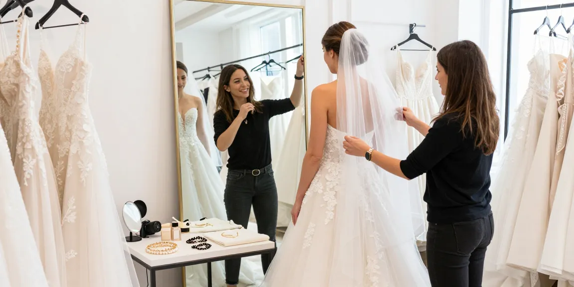 Consulenza di bridal styling per una sposa davanti allo specchio, mentre una stilista la aiuta a scegliere l'abito perfetto