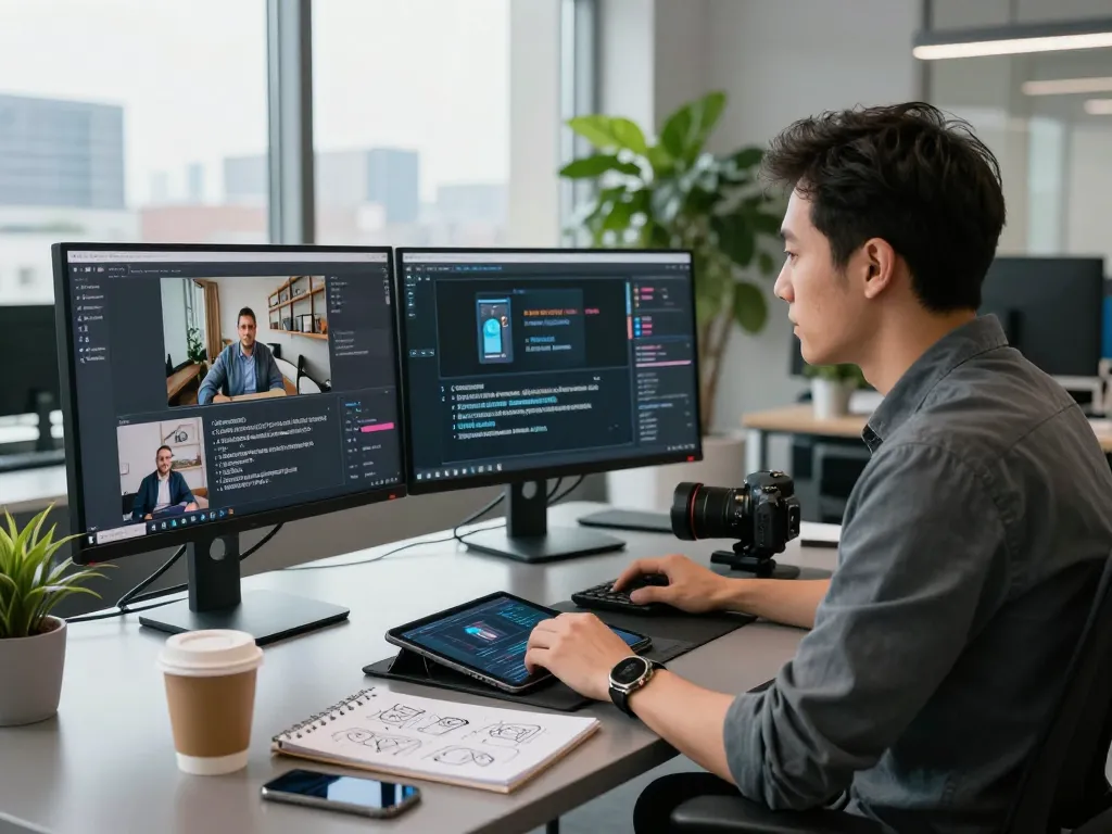 Video to promptgenerator workspace with a professional analyzing video prompts, dual monitors displaying dynamic content.