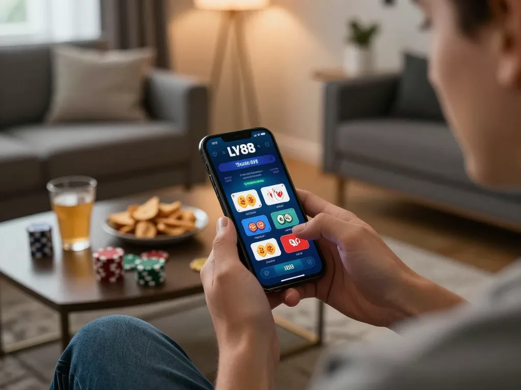 Player enjoying the LV88 app for mobile casino gaming in a cozy home environment