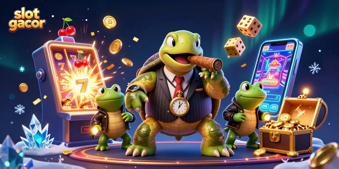 Slot gacor game action with a massive turtle mobster, bullfrog enforcers, and dynamic slot machine explosion
