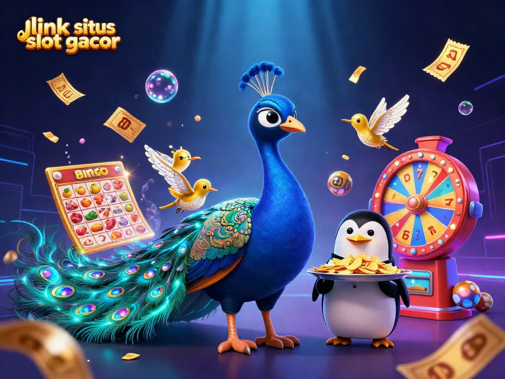 Menghadirkan link situs slot gacor melalui ilustrasi tiga dimensi menampilkan burung merak mulia, penguin pelayan dan kolibri emas berlatarkan suasana kasino yang semarak.