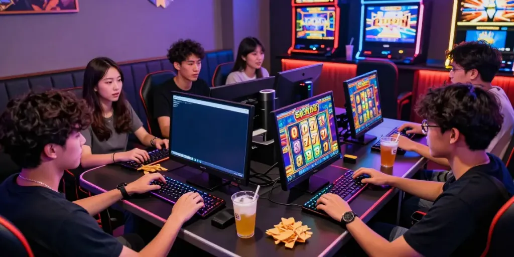 Permainan slot777 yang mengasyikkan dengan teman-teman di ruang permainan modern yang cerah.