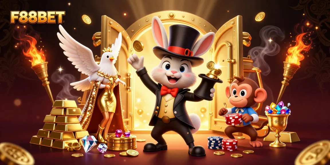 Play at F88BET with dazzling casino excitement showcased in a vibrant 3D scene.
